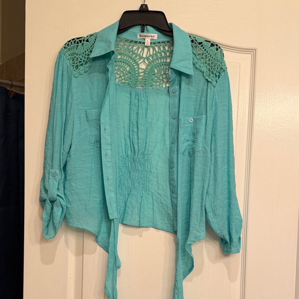 Teal Crochet Accent Blouse
